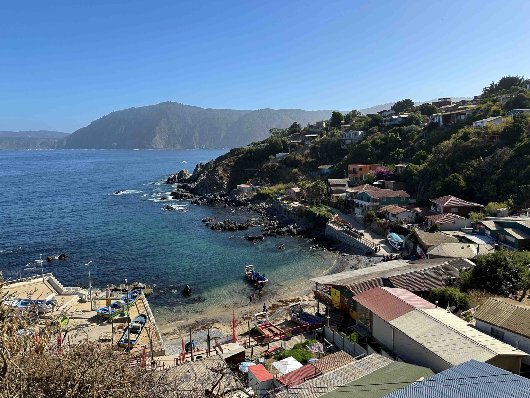 A coastal town arranged on a hill on the right, with a small bay on the left.